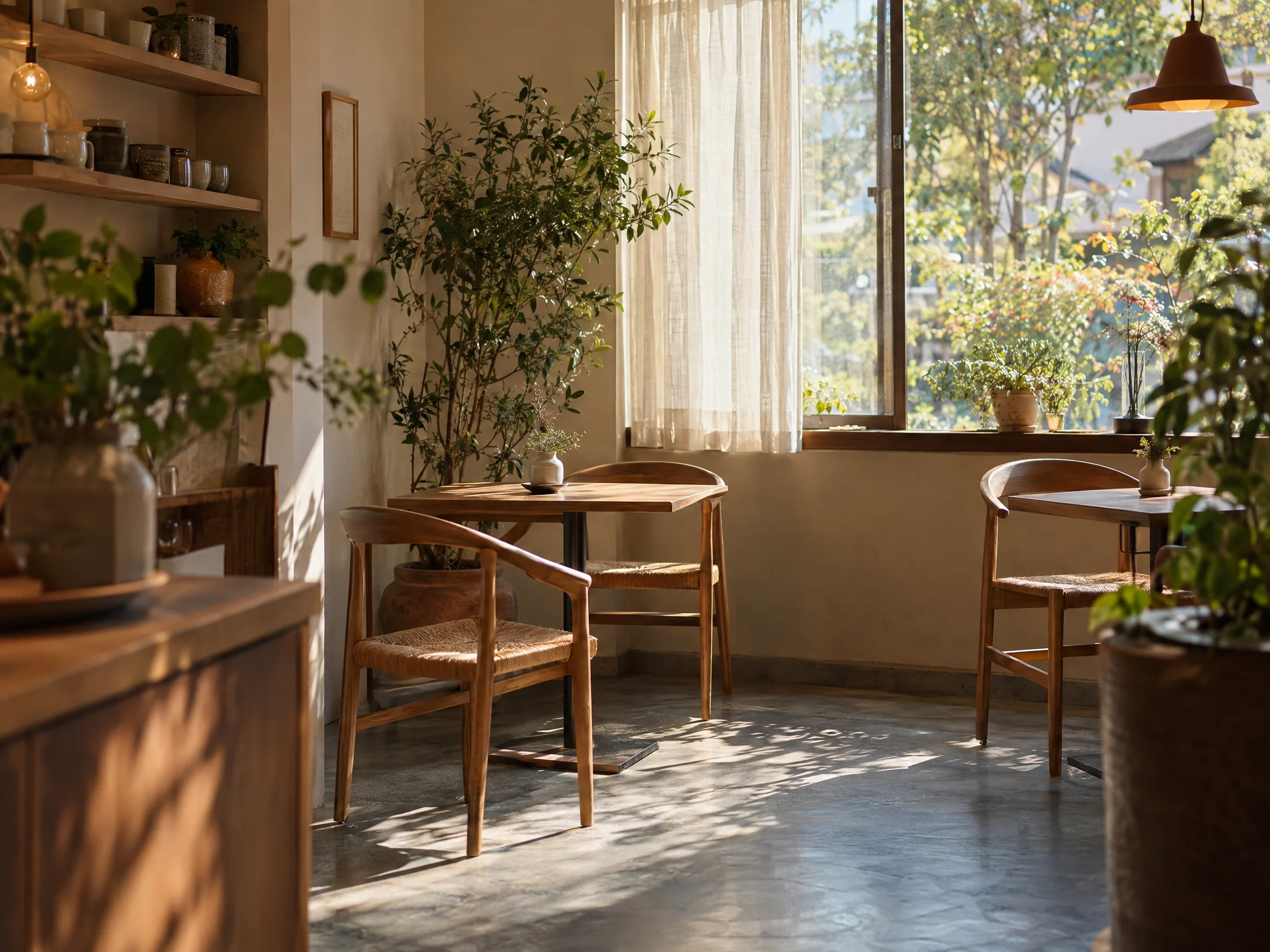 木のテーブルと椅子、窓辺の植物がある架空喫茶店の店内
